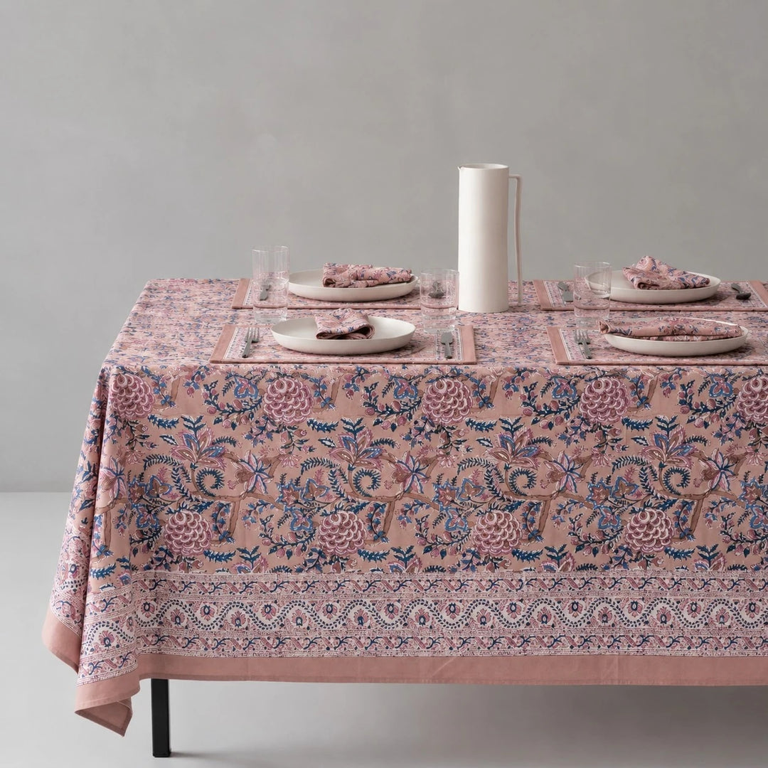 Rose mauve floral tablecloth on a dining table