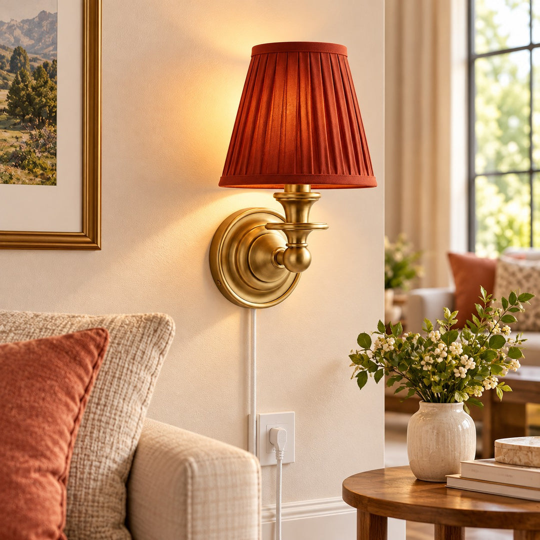Rowan No-Wire Pleated Drum Shade Wall Sconce – Plug-In Fabric Wall Light