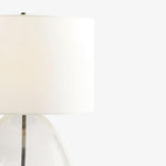 Bild in Gallery-Viewer laden, Sustaina Gebogene Tischlampe aus recyceltem Glas mit Stoffschirm – Nachhaltige moderne Akzentbeleuchtung für Wohnzimmer