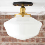 Charger l&#39;image dans la visionneuse de galerie, Geotower Glass Brass Ceiling Light - Opal Glass Schoolhouse Shade - Modern Elegance
