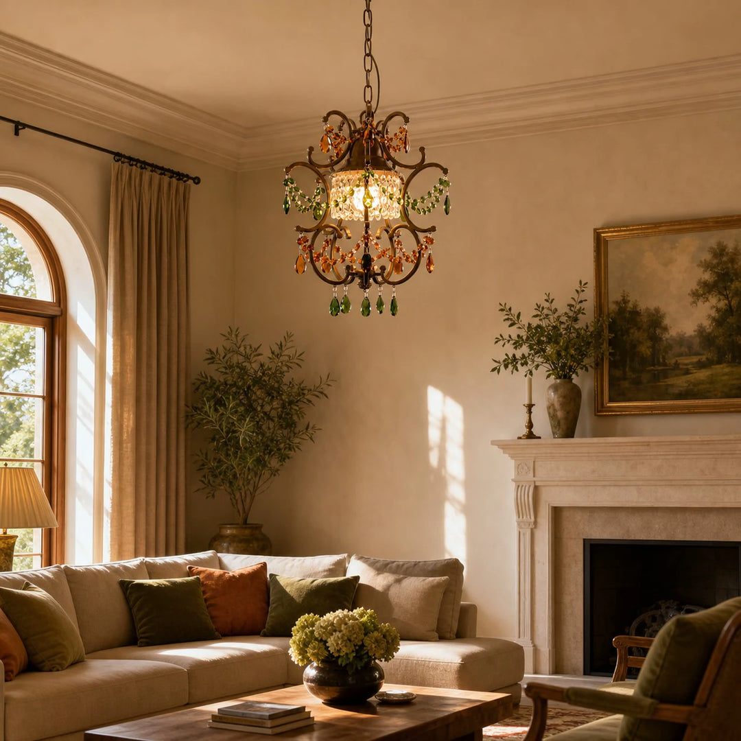 Crystal pendant light in a sunlit sitting room