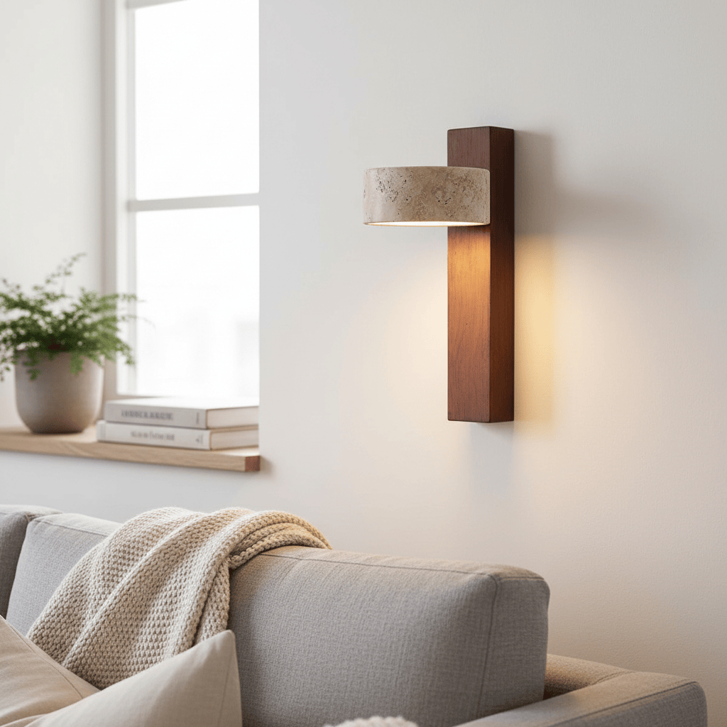 Lámpara de Pared Contemporánea Waloria – Aplique de Madera Minimalista con Pantalla de Piedra Natural para Sala de Estar N56