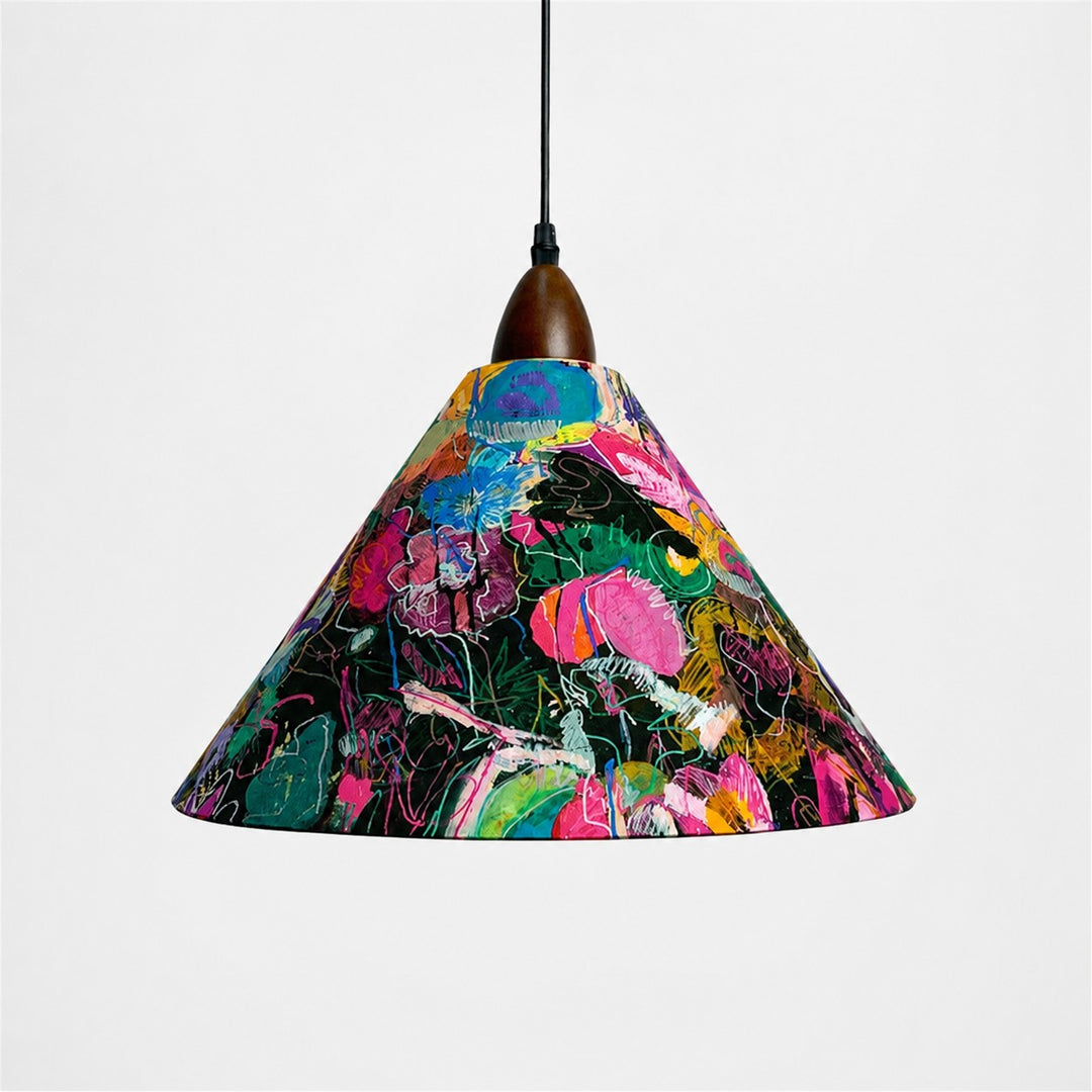 Large painted floral cone pendant light front view