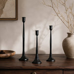 Cargar imagen en el visor de la Galería, Black iron candle holder set styled on a warm wabi-sabi console table