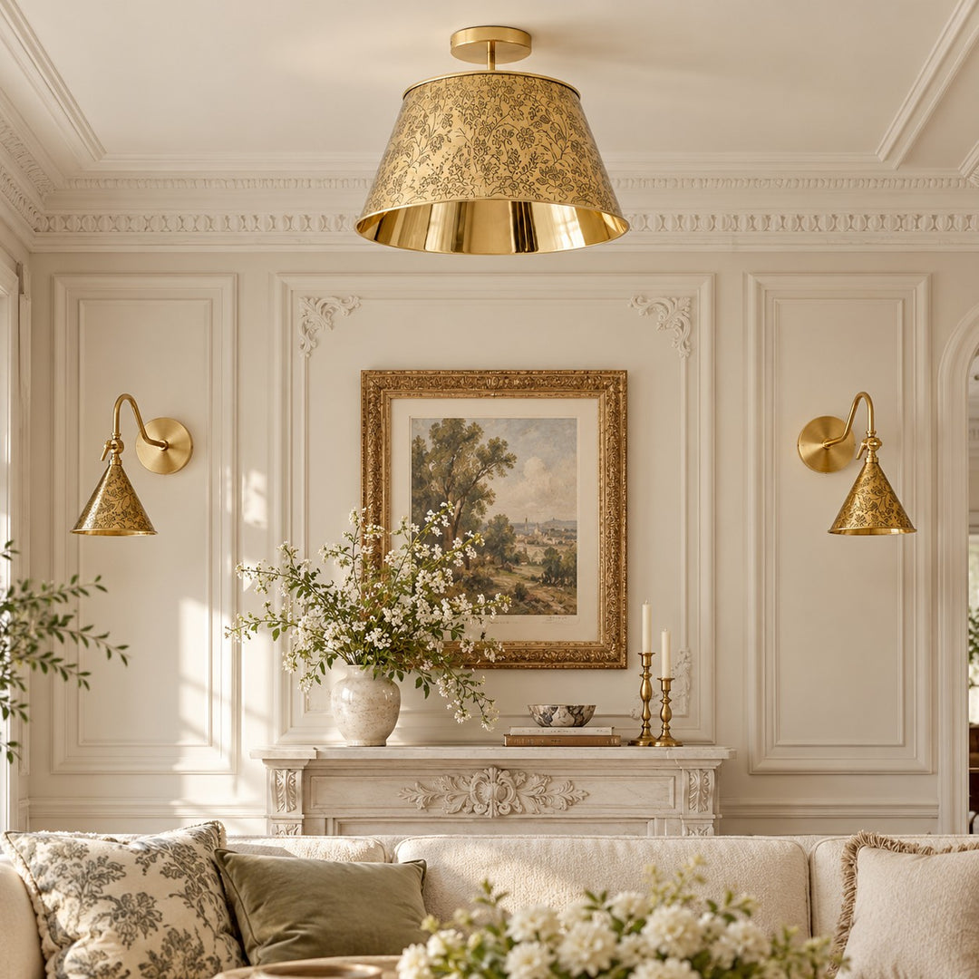Flower Line Brass Arm Etched Floral Wall Sconce