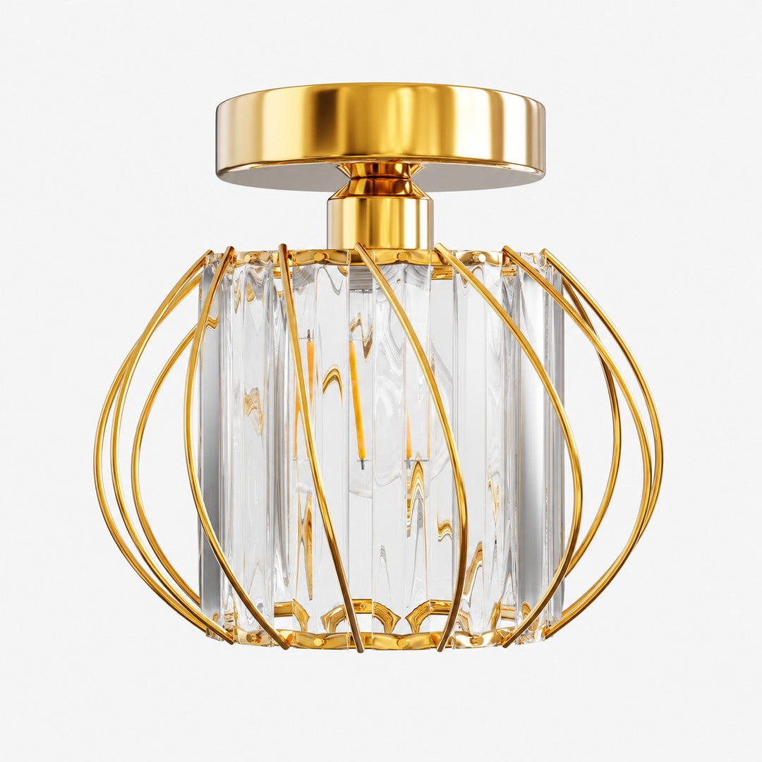 Geometric Cage Semi-Flush Mount Crystal Ceiling Light for Hallway and Entryway