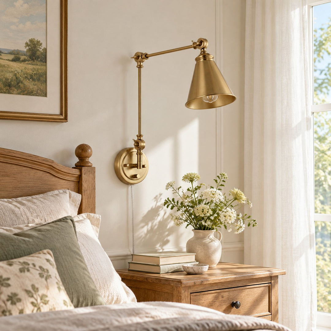 Gold swing-arm sconce beside a bed in daylight