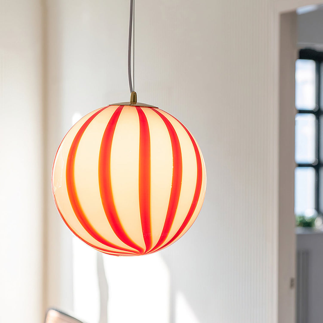 Red Striped Glass Globe Hardwired Pendant