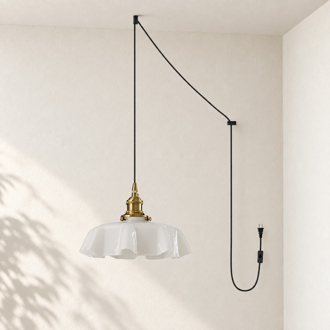 Pleated Glass Antique Brass Plug-In Swag Pendant