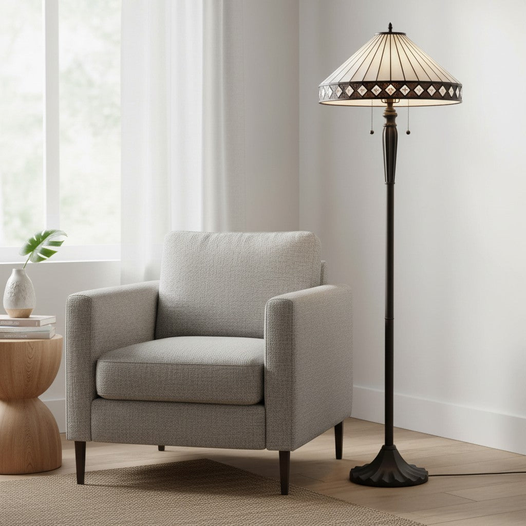 TF Geometric Stained Glass Table Lamp with Amber and Cream Panels – Tiffany Style Accent Lamp for Bedroom and Study