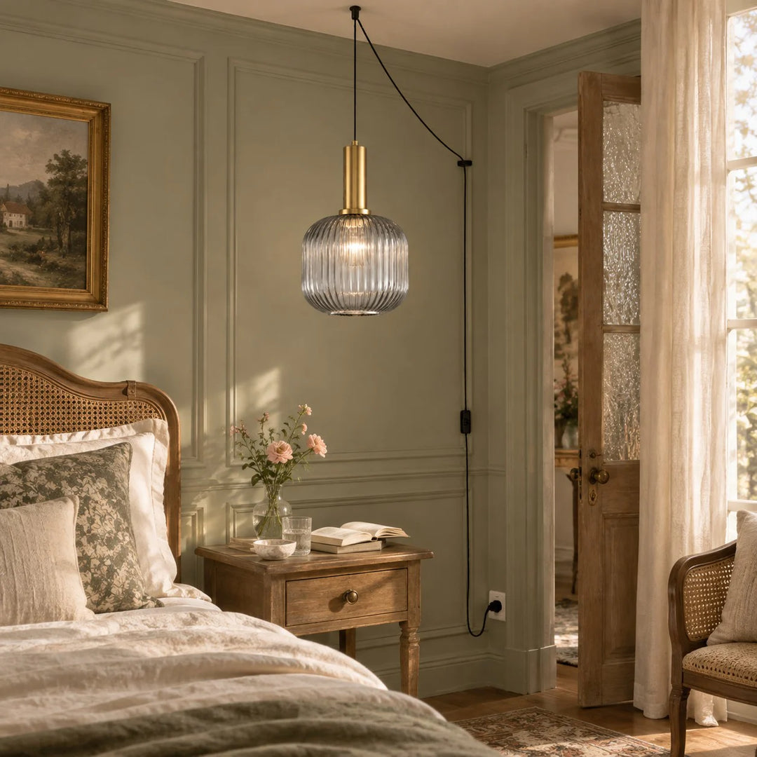 Retro ribbed glass plug-in pendant light in a home interior