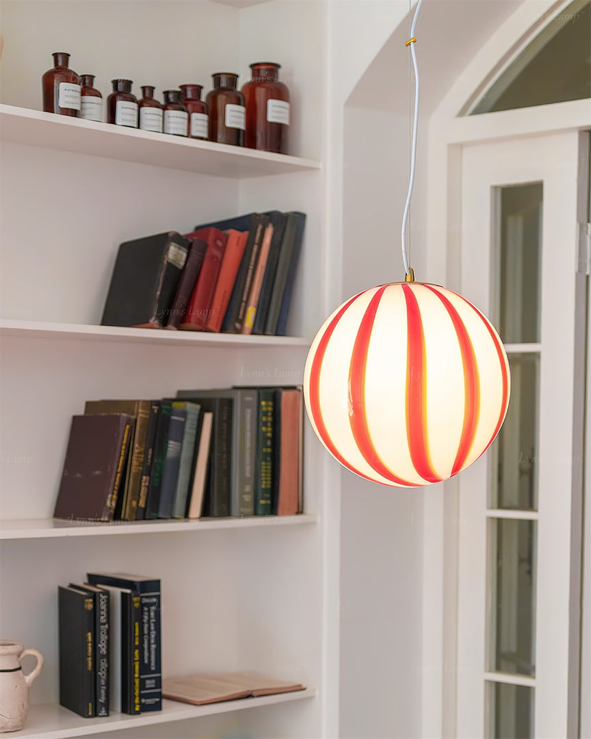 Red Striped Glass Globe Hardwired Pendant