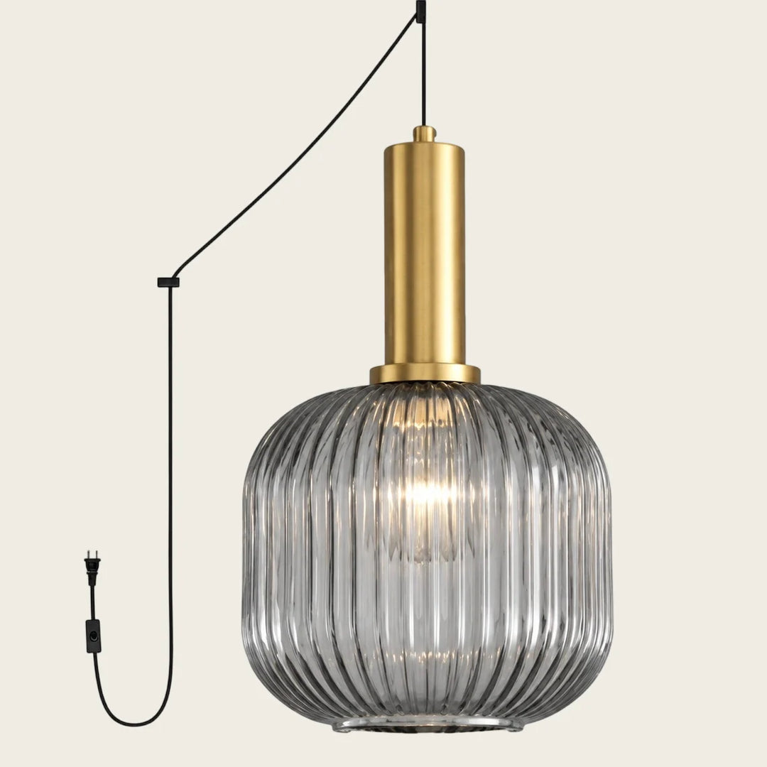 Smoky Grey Model B Large ribbed glass plug-in pendant light