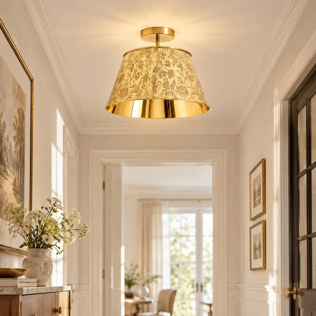 Cone Shade Floral Etching Antique Brass Flush Mount