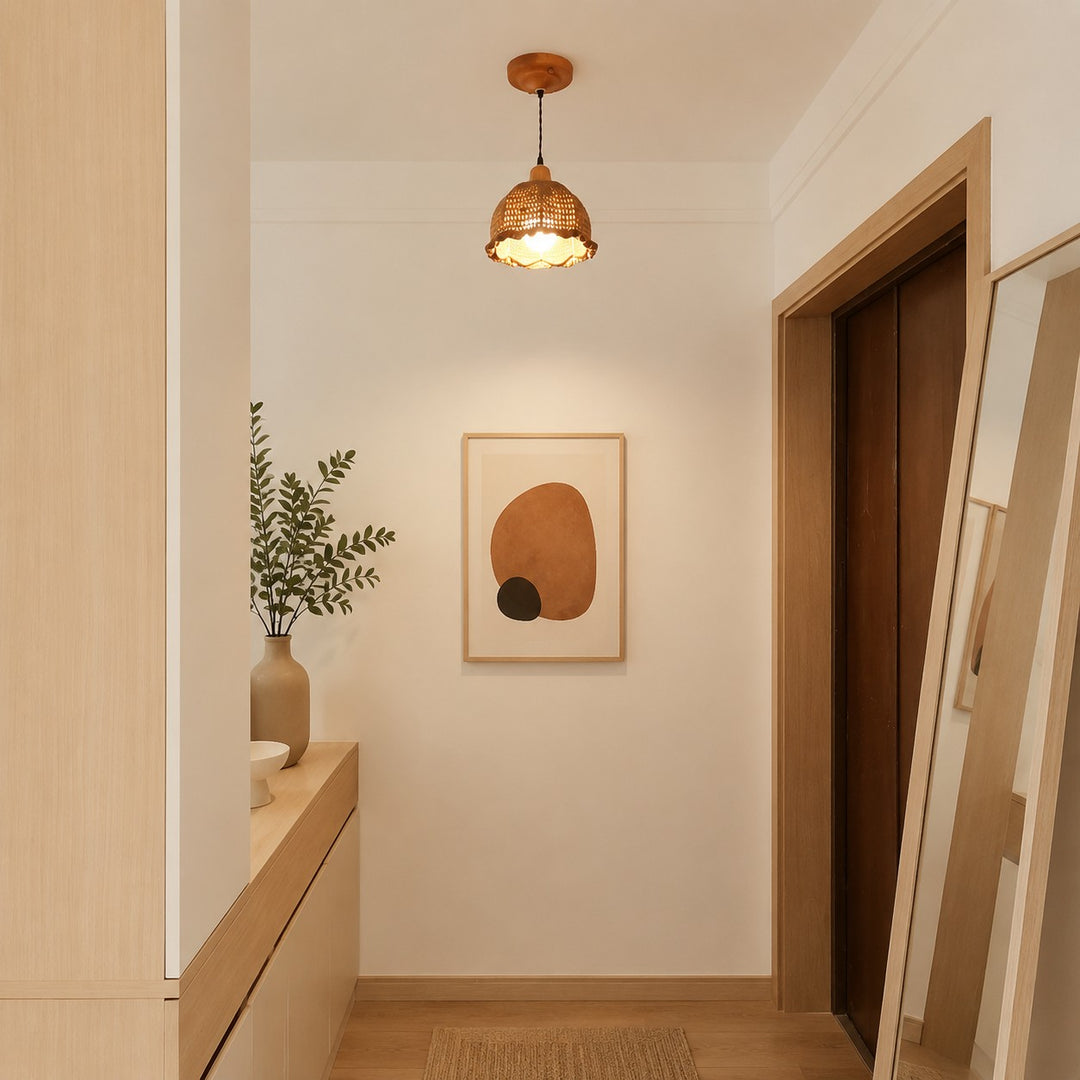 Retro woven pendant light in a wood toned hallway