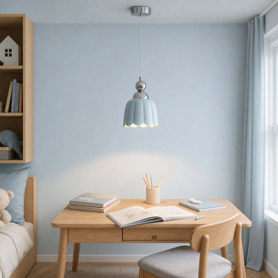 Sea salt blue ceramic pendant lamp above a study desk