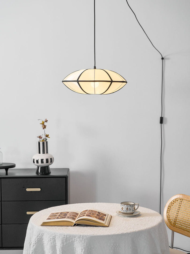 Black Metal White Fabric Plug-In Swag Pendant