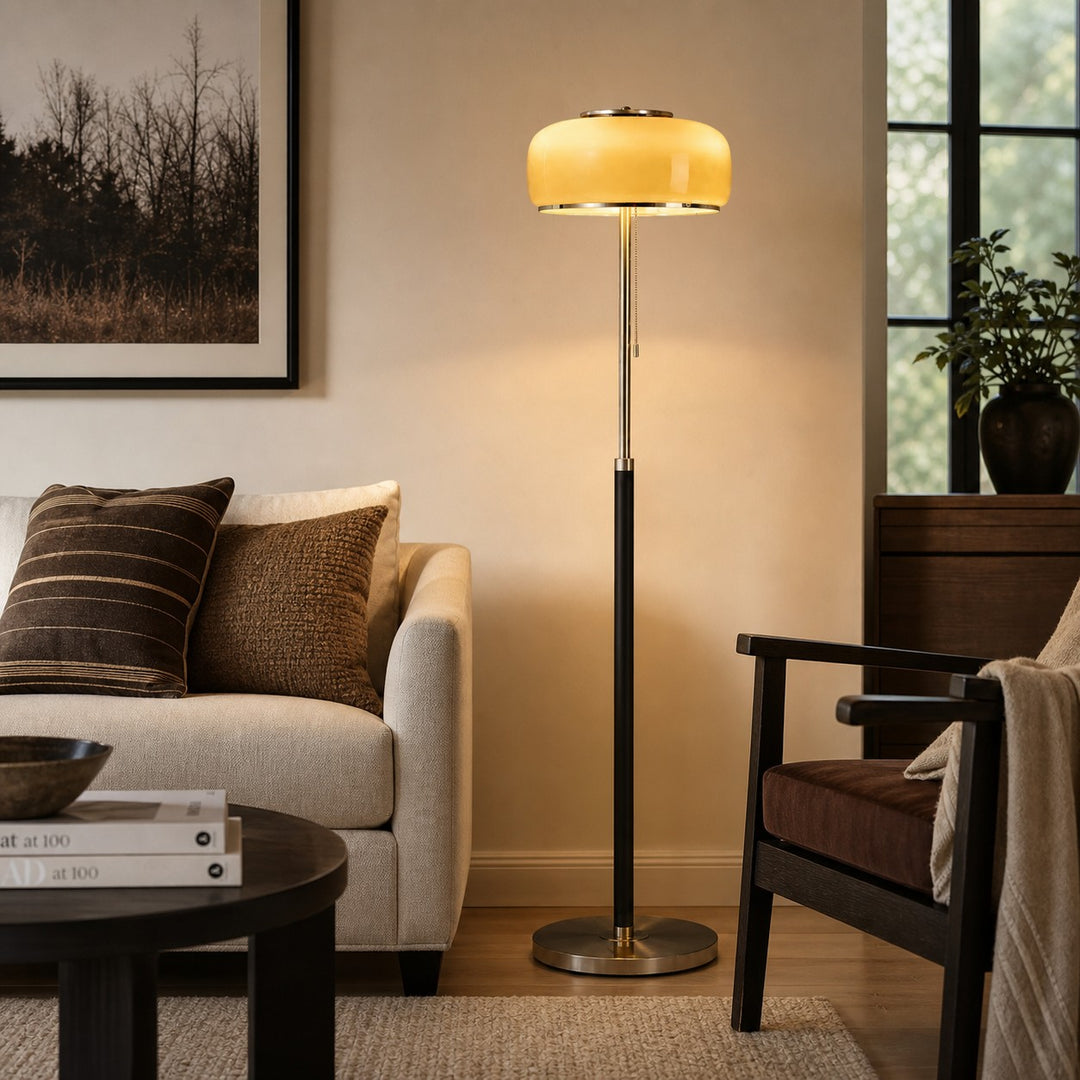Bauhaus Glass Floor Lamp with Wood and Chrome Frame