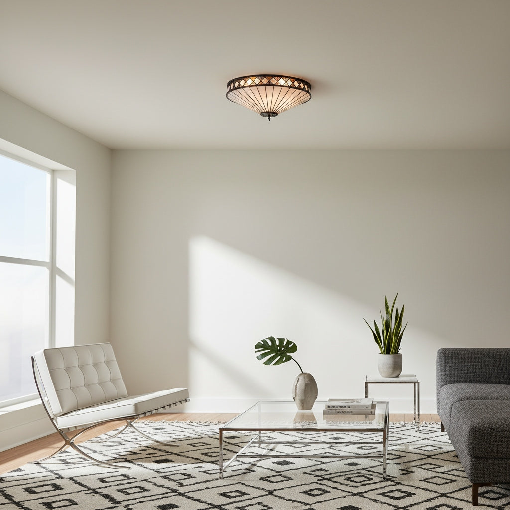 Tiffstar Elegant Art Glass Flush Ceiling Light with Vintage inspired Glass Diffuser – Classic Ceiling Fixture for Home Interiors