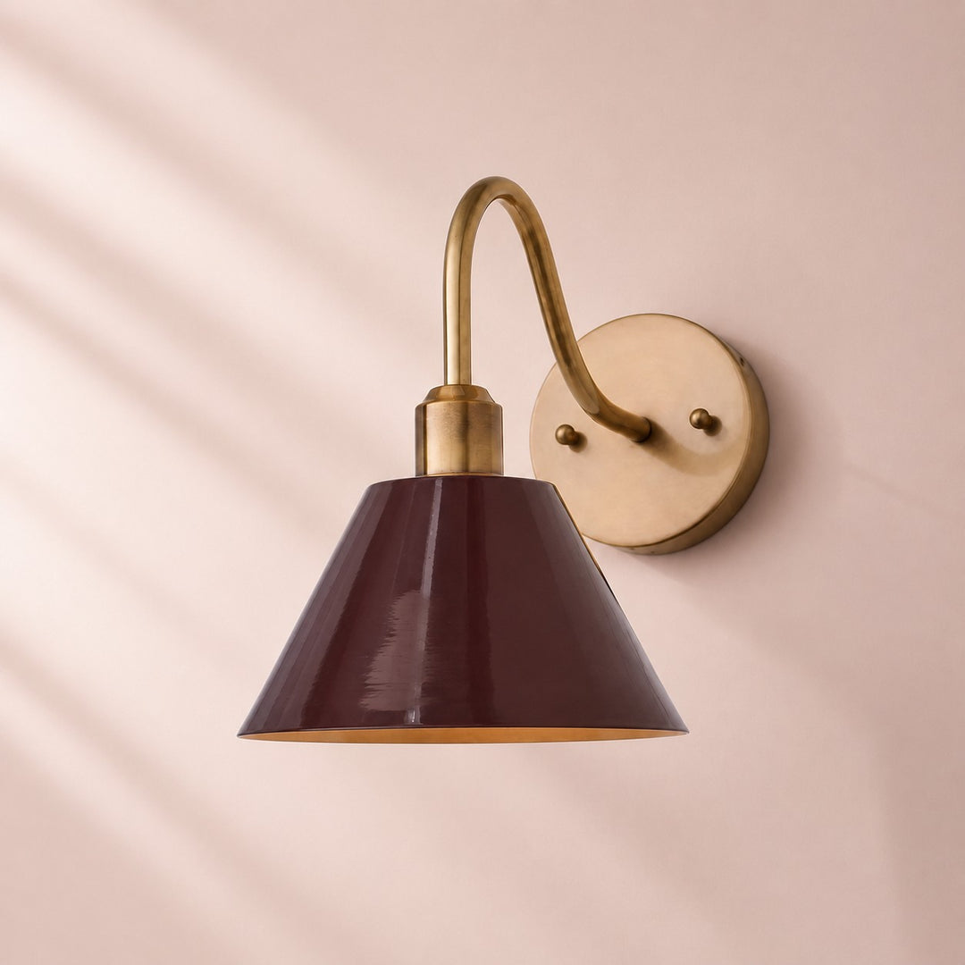 Industrial Modern Tapered Brass Gooseneck Sconce with Metal Silhouette