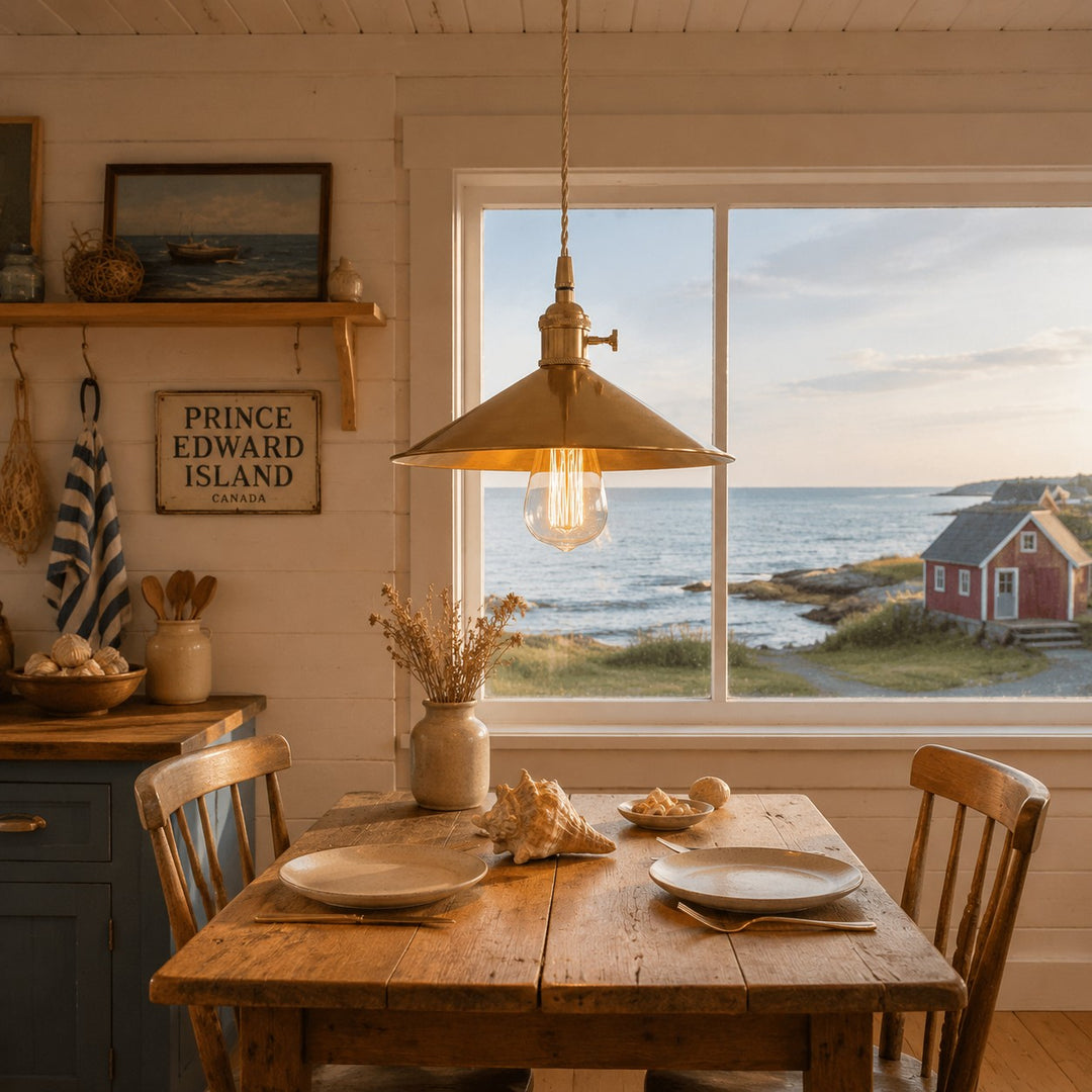 Copper pendant light in a coastal room