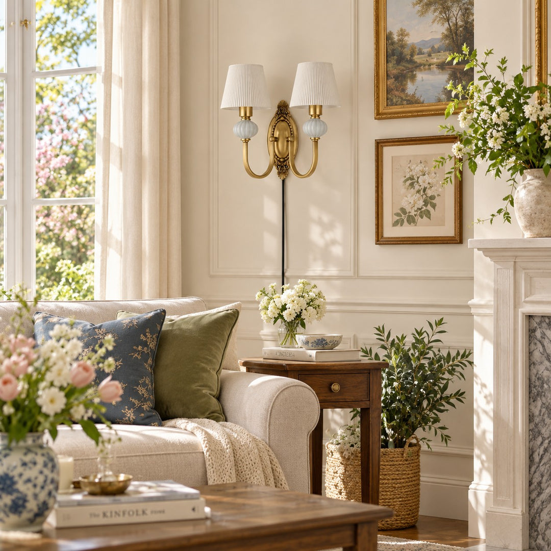 Rowanea Fabric Shade Ceramic Plug-In Wall Sconce