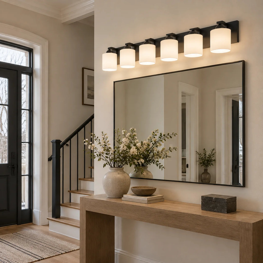 Glass Bathroom Vanity Light with three metal finishes and a metal wall bar - New2609-1024418 interior scene