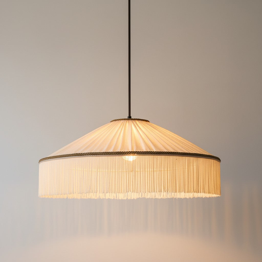 Beige Pleated Fabric Fringe Plug-In Pendant