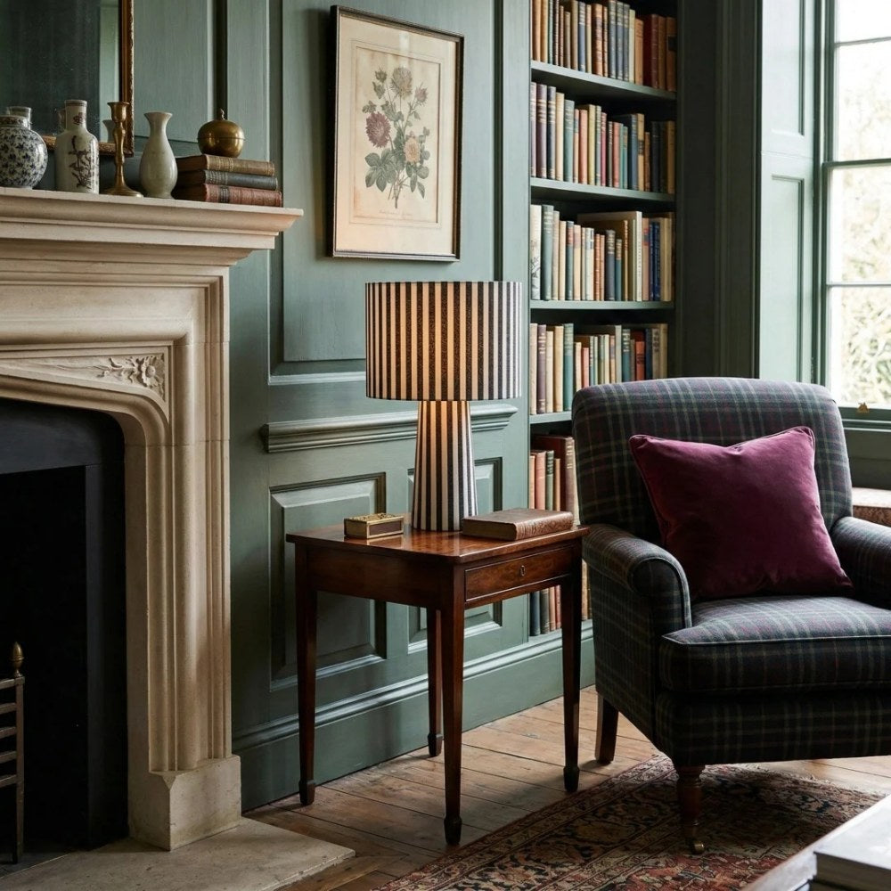 Lampe de table Blendra à motif graphique en forme cylindrique – Éclairage d’intérieur contemporain en tissu