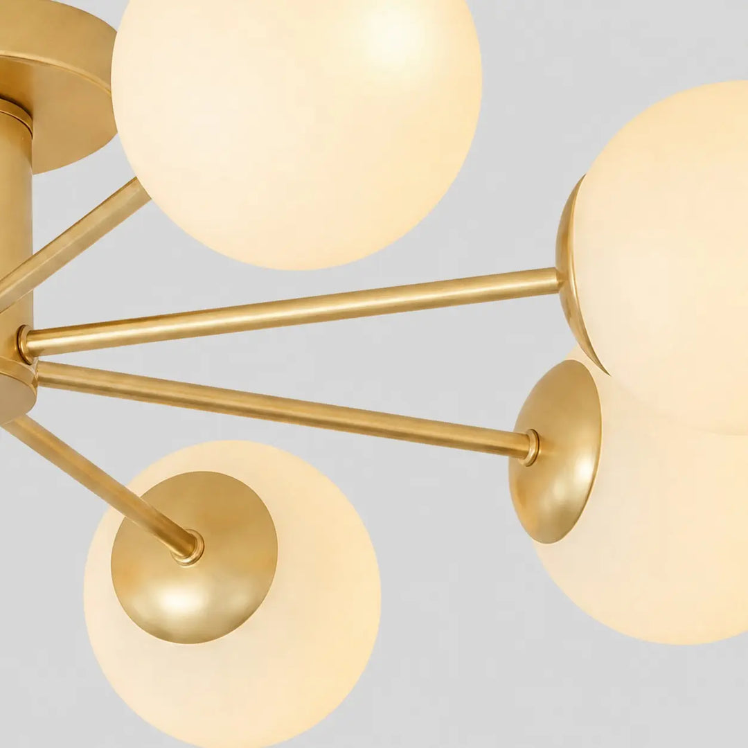 Close-up of the gold arms and glass globe shades