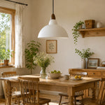 Cargar imagen en el visor de la Galería, white pendant light over a wood dining table