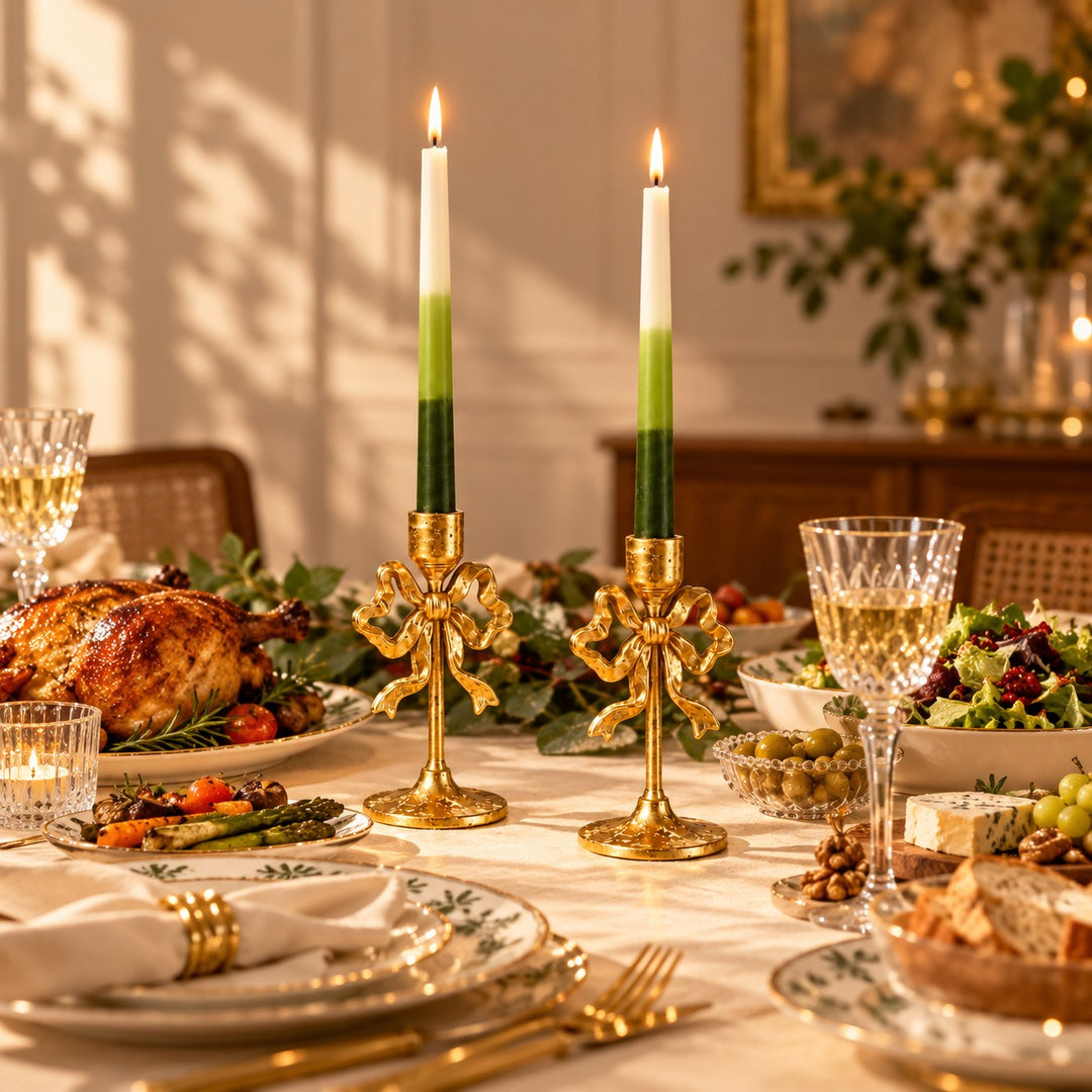 Gold Metal Bow and Milagro Heart Candle Holders