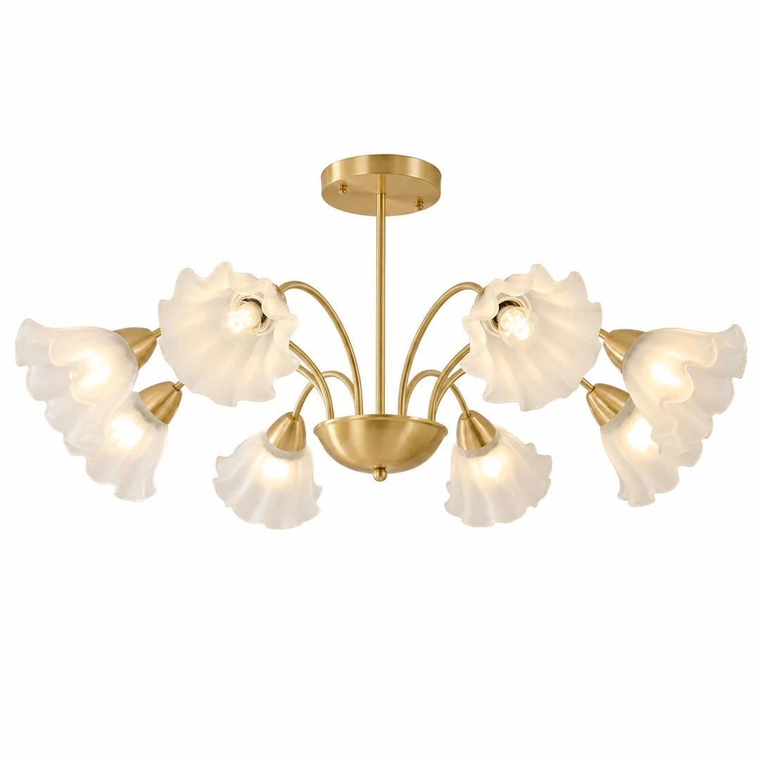 Solid brass eight-arm floral glass chandelier on a white background