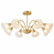 Solid brass eight-arm floral glass chandelier on a white background