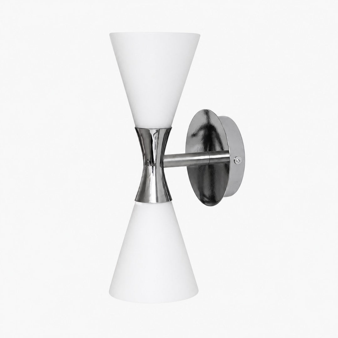 White glass wall sconce with chrome hourglass frame