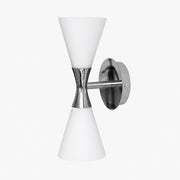 White glass wall sconce with chrome hourglass frame