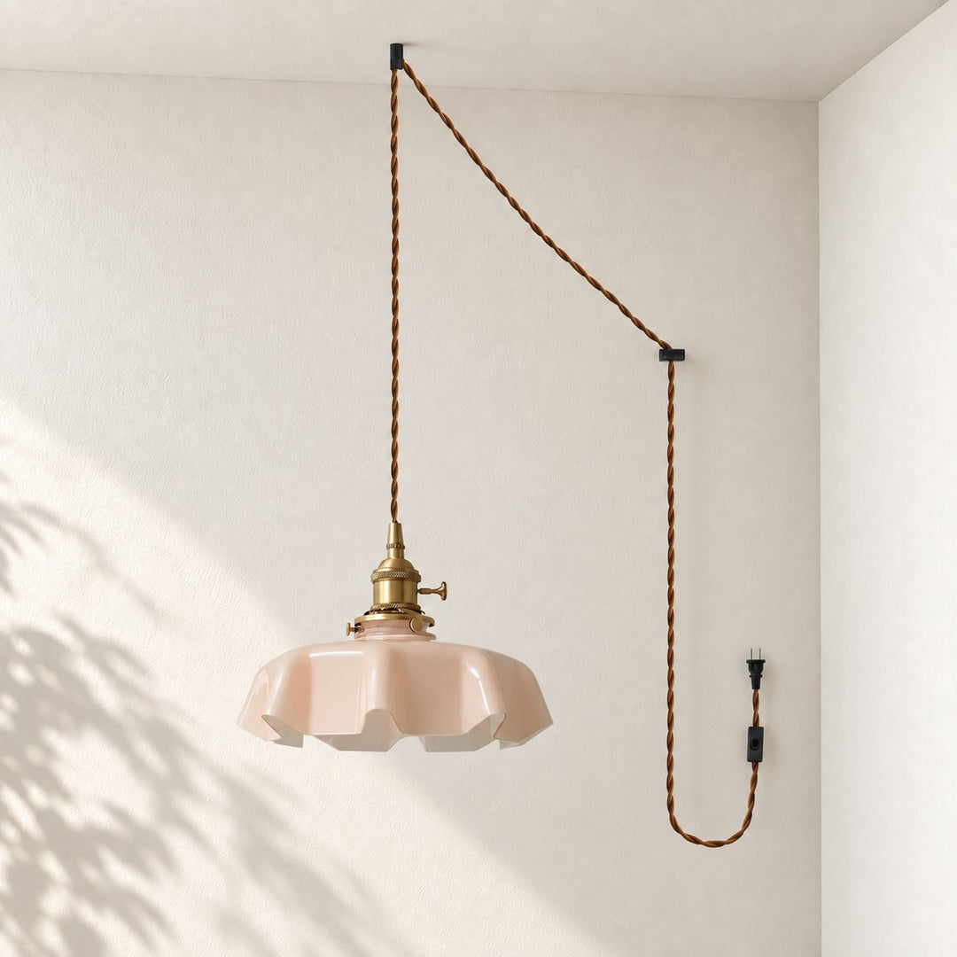 Pleated Glass Antique Brass Plug-In Swag Pendant