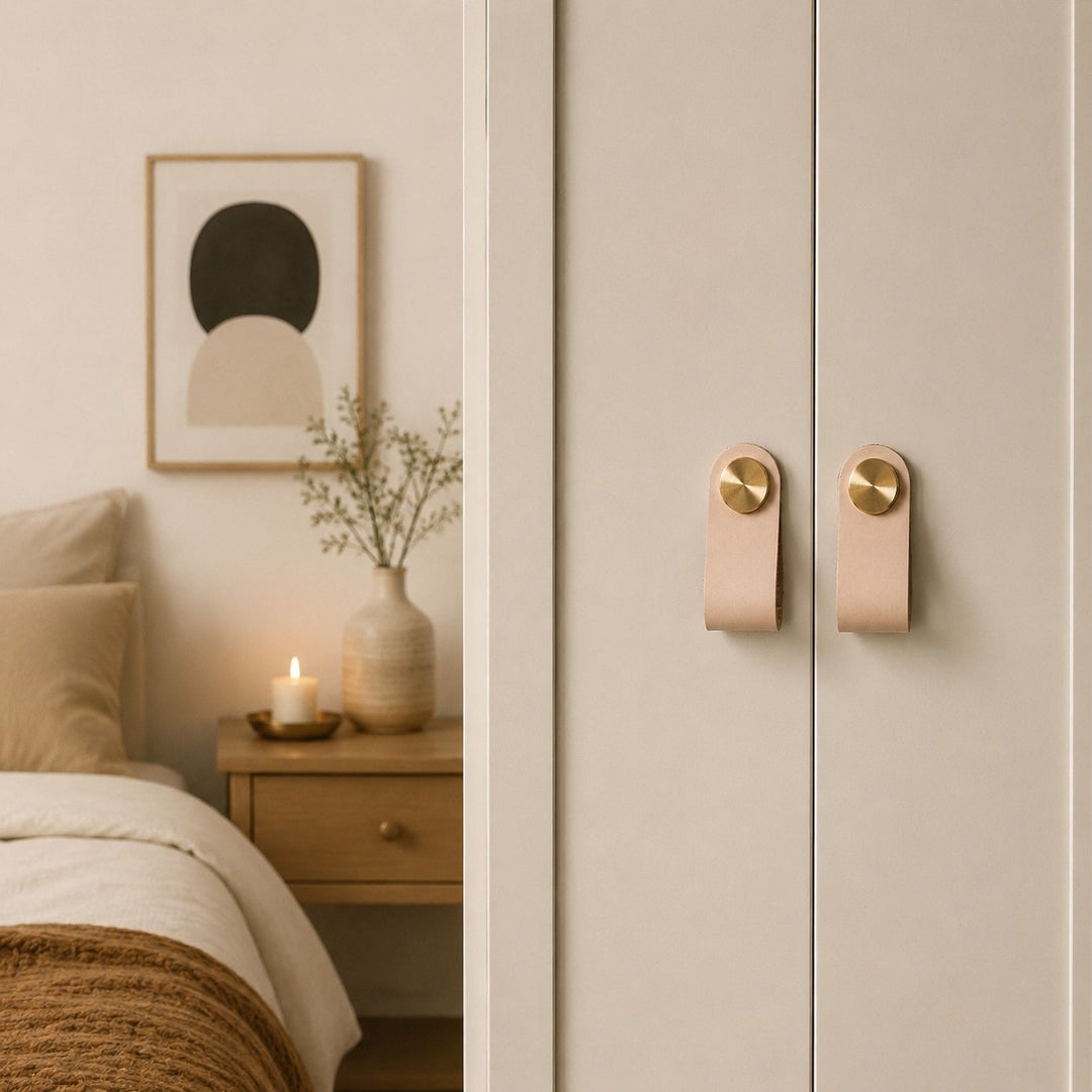 Cowhide leather and brass cabinet pull handle detail and lifestyle image
