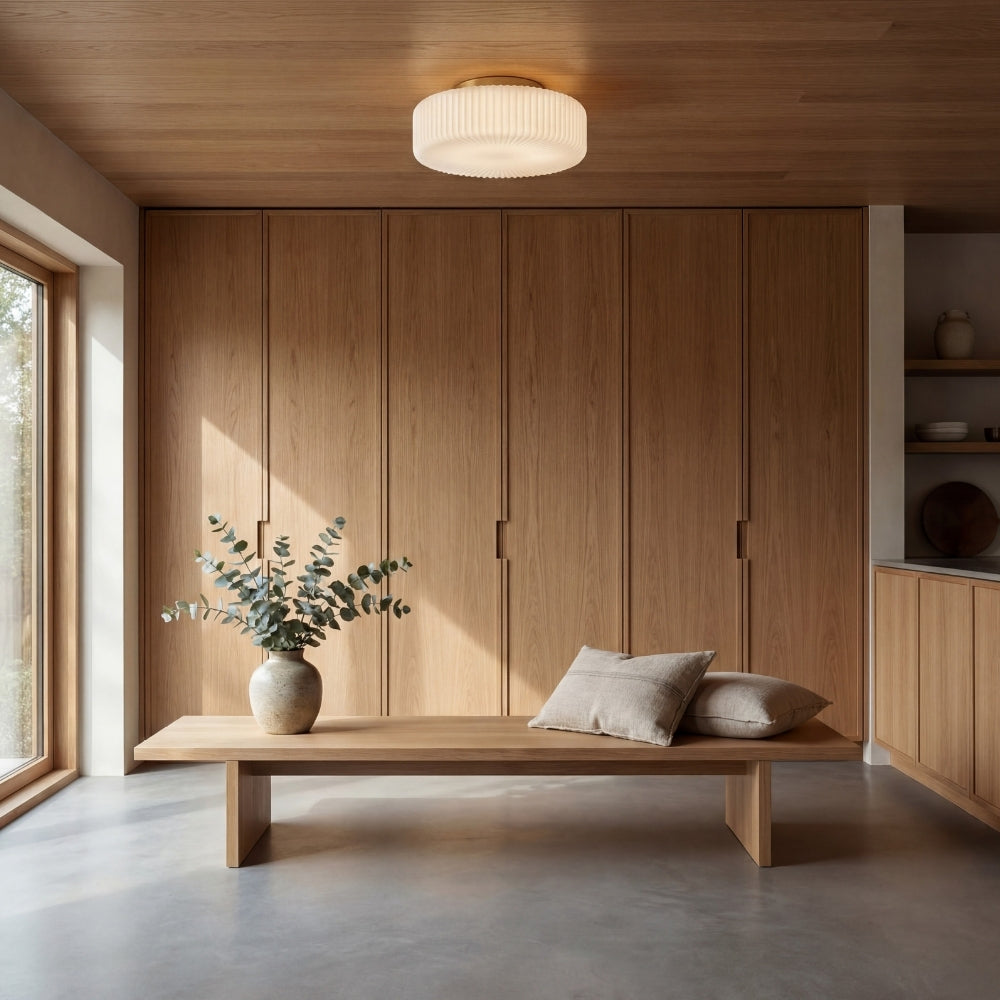 Lunorib Lámpara de Techo Contemporánea de Vidrio Opalino - Iluminación de Metal Estriado Texturizado para Áreas de Estar