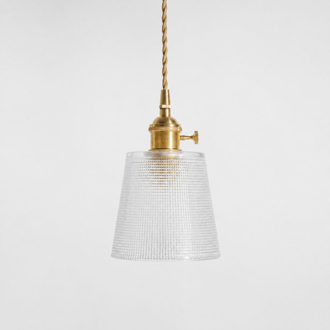 Style B textured glass shade with antique brass E27 socket, front view