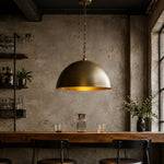 Load image into Gallery viewer, Large aged matte brass dome pendant light with warm inner finish