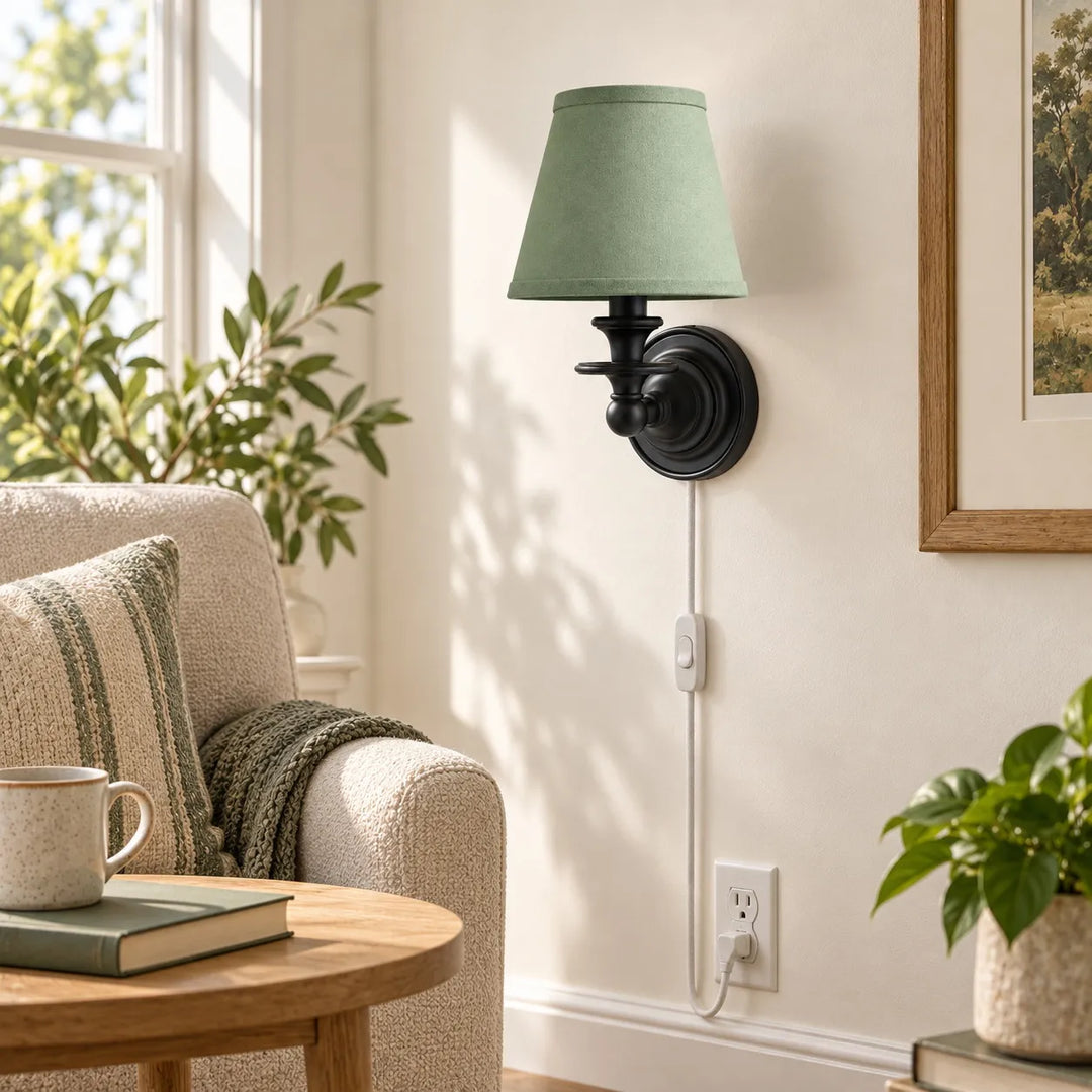 Rowan No-Wire Flat Drum Shade Wall Sconce – Plug-In Fabric Wall Light