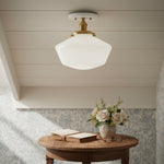 Charger l&#39;image dans la visionneuse de galerie, Geotower Glass Brass Ceiling Light - Opal Glass Schoolhouse Shade - Modern Elegance
