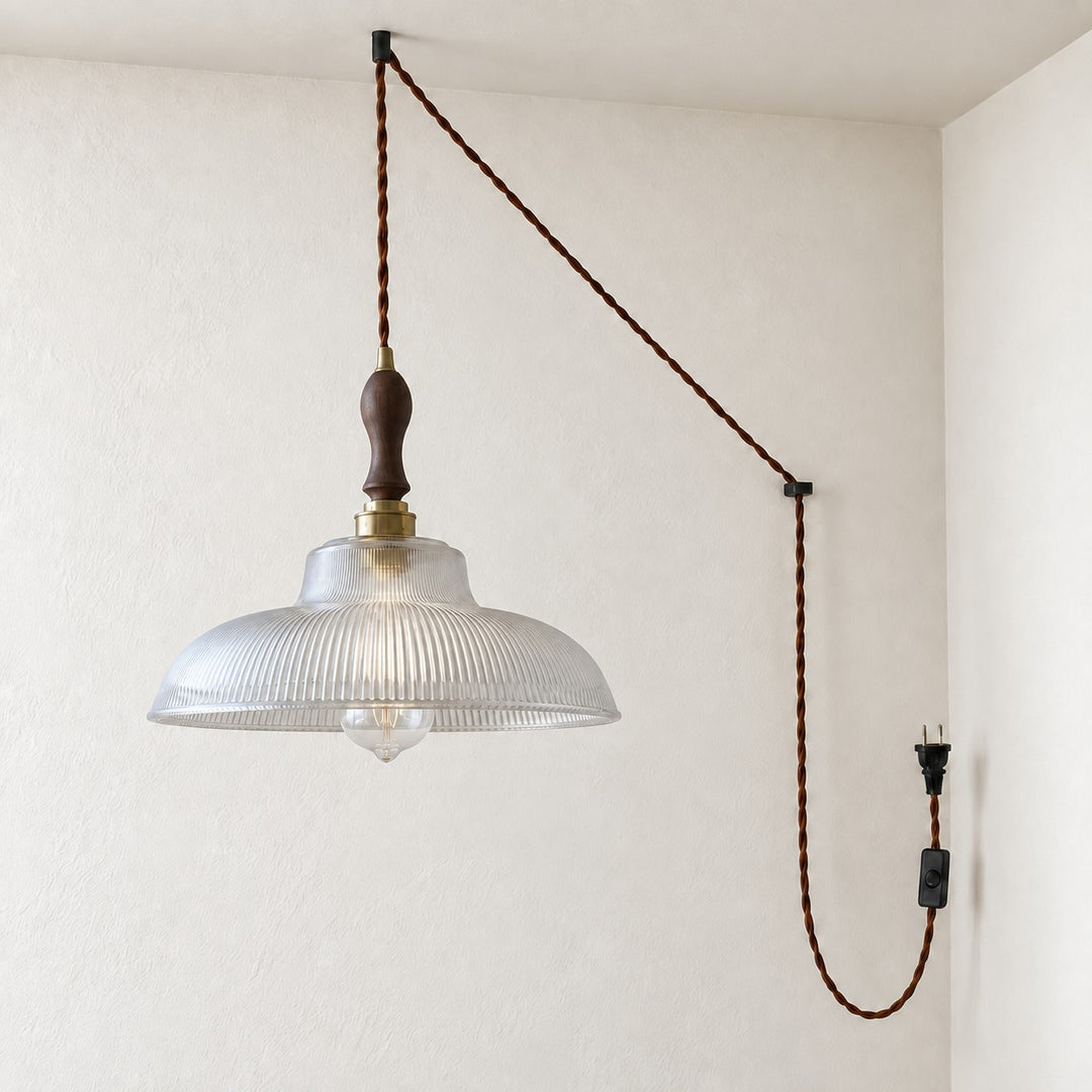 Vintage Ribbed Glass Shade Plug‑in Swag Pendant Light - Hanging Lamp for Dining and Living Room