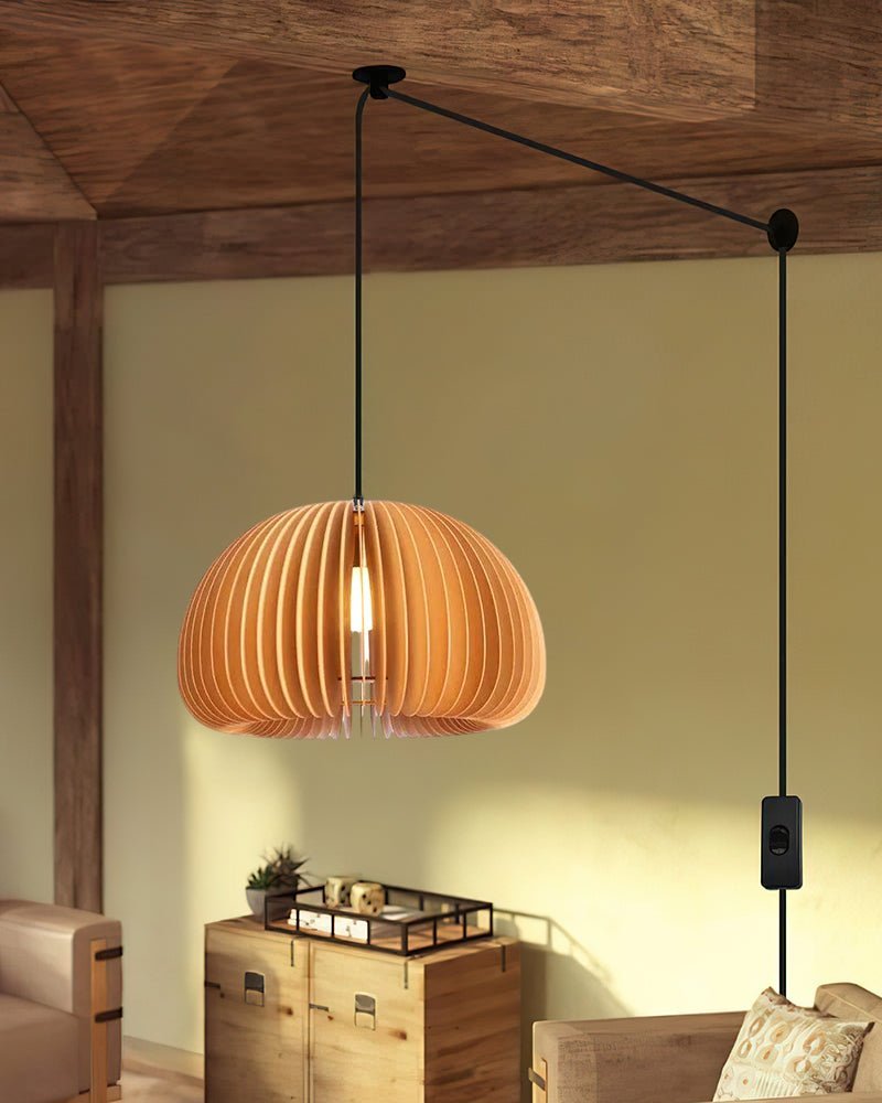 Rounded Wood Slat Swag Pendant Light