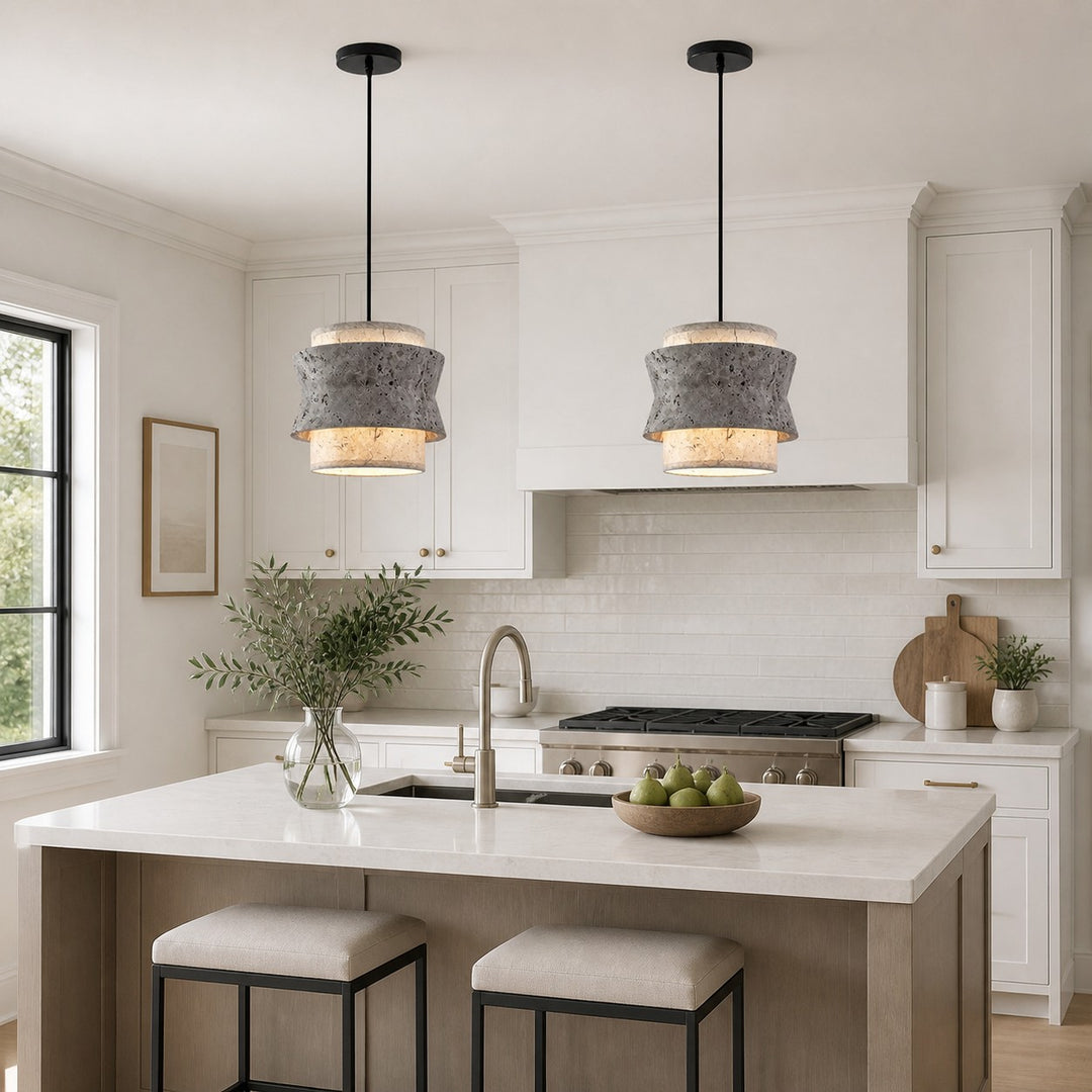 Gray Travertine Stone Pendant Light - Vintage Kitchen Island and Dining Room Lamp
