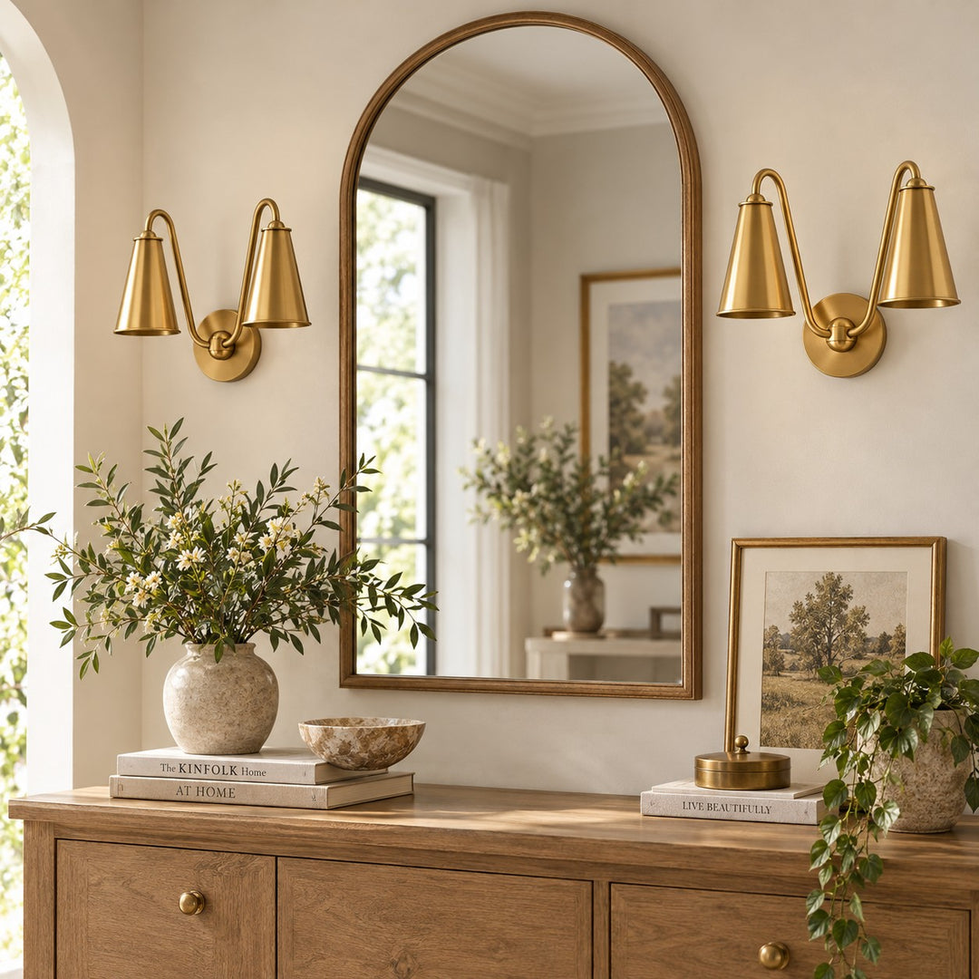 Twin Shade Brass Arm Brass Plate Wall Light
