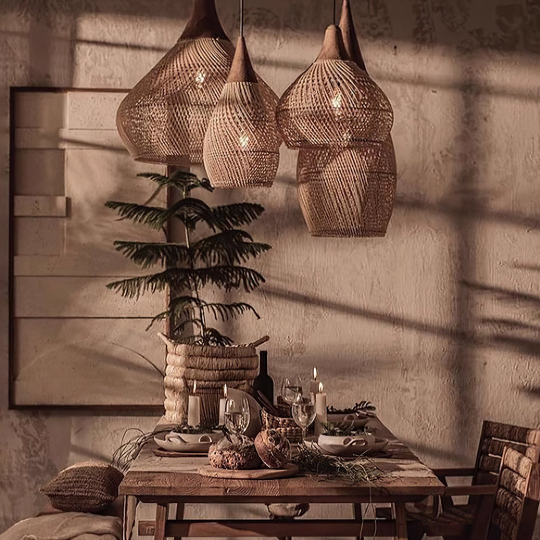 Woven Rattan Wood Plug-In Pendant Light