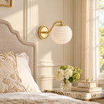 Charger l'image dans la visionneuse de galerie, Curved Brass Globe Shade Ribbed Glass Wall Sconce