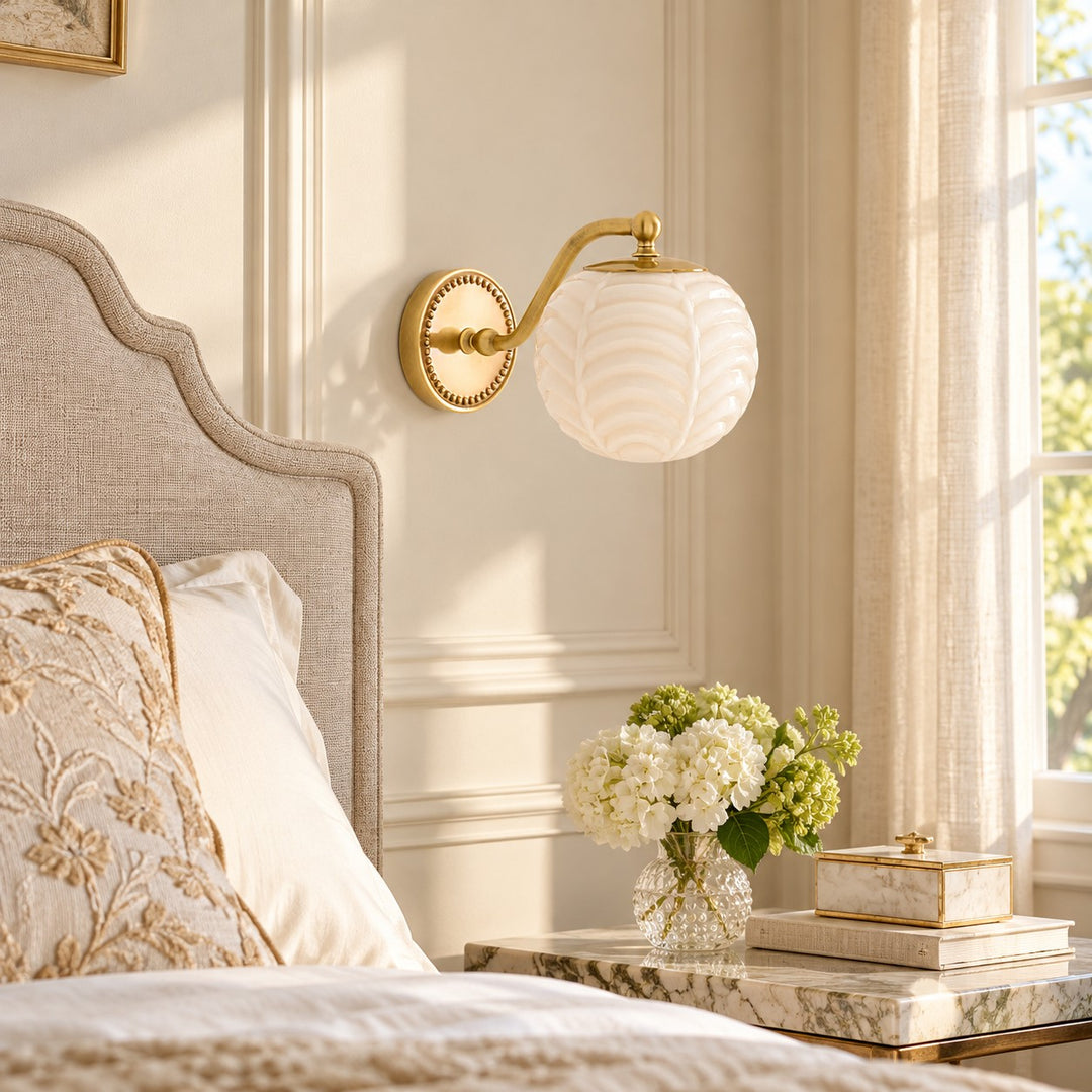 Curved Brass Globe Shade Ribbed Glass Wall Sconce
